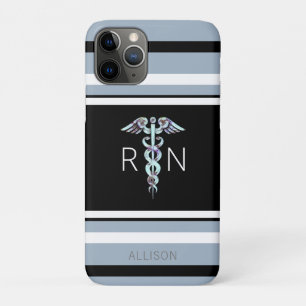 Nurse RN Caduceus Blue Stripes Personalized iPhone 11 Pro Case