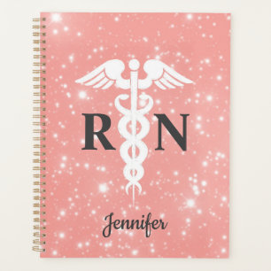 Nurse RN Caduceus Blush Pink Personalized Name Planner