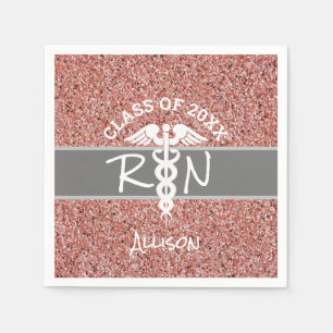 Nurse RN Caduceus Graduation Rose Gold Glitter Napkins