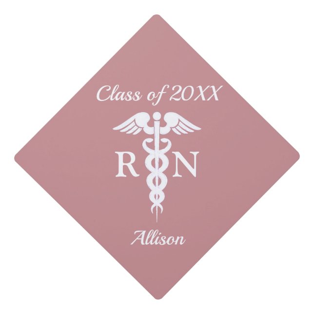 Nurse RN Caduceus Medical Rose Pink Graduation Cap Topper (Front)