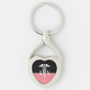 Nurse RN Caduceus Medical Silver Monogram Coral Keychain