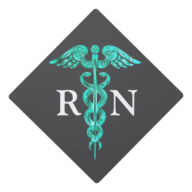 Nurse RN Caduceus Medical Symbol Teal Grey Graduation Cap Topper (Front)