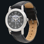Nurse RN Caduceus Monogram Dial Style on Black Wristwatch<br><div class="desc">The Symbolic Chrome Like Caduceus Medical Symbol RN design presented here on a solid black decor fashion monogram watch. The caduceus snakes is designed to look like it is made of chrome. Good for a graduation occasion, a statement for your profession, or for a gift with that medical look your...</div>