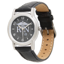 Nurse RN Caduceus Monogram Dial Style on Black Wristwatch