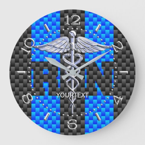 Nurse RN Caduceus Personalized Style Blue Carbon Large Clock