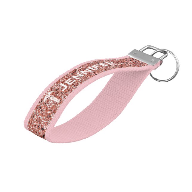Nurse RN Caduceus Pink Glitter Personalized Name  Wrist Keychain (Angled Up)