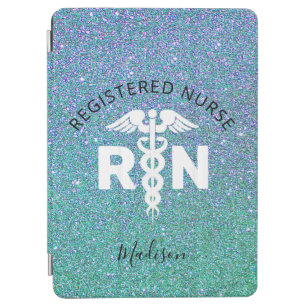 Nurse RN Caduceus Teal Blue Glitter Ombre Name iPad Air Cover