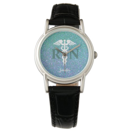 Nurse RN Caduceus Teal Blue Glitter Personalized Watch