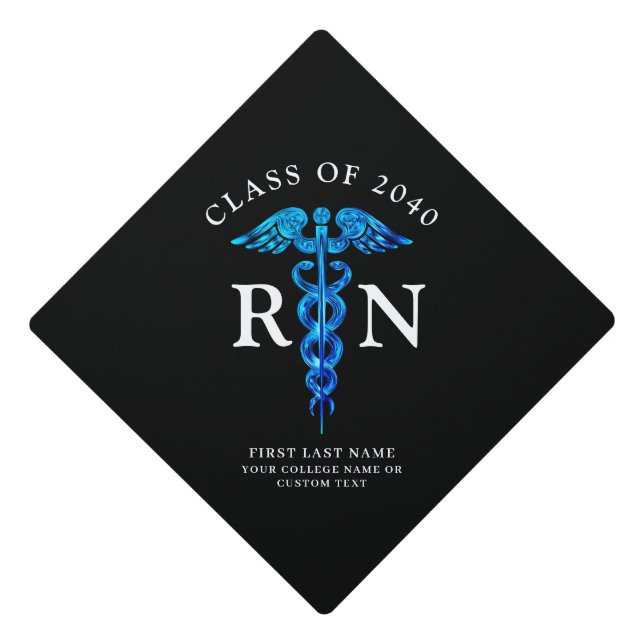Nurse RN Graduate Blue Black Caduceus Personalized Graduation Cap Topper (Front)