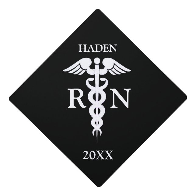Nurse RN Graduate Caduceus Medical Black White  Graduation Cap Topper (Front)