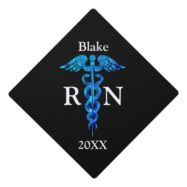Nurse RN Graduate Caduceus Medical Blue Black Graduation Cap Topper (Front)