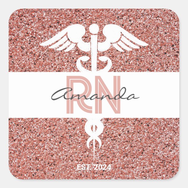 Nurse RN Graduate Dusty Rose Gold Glitter Monogram Square Sticker (Front)