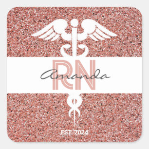 Nurse RN Graduate Dusty Rose Gold Glitter Monogram Square Sticker