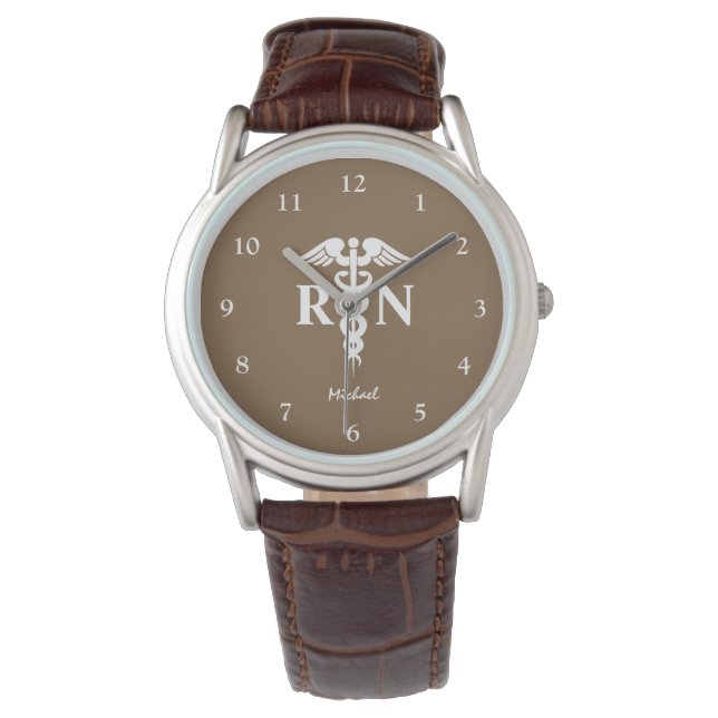 Nurse RN Graduate Medical Caduceus Mens Brown Watch (Front)