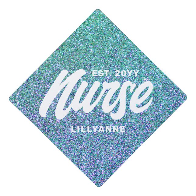 Nurse RN Graduate Teal Blue Glitter Medical Name Graduation Cap Topper (Front)