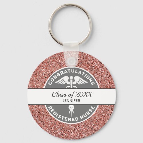 Nurse RN Graduate Year Pink Glitter Personalized Keychain