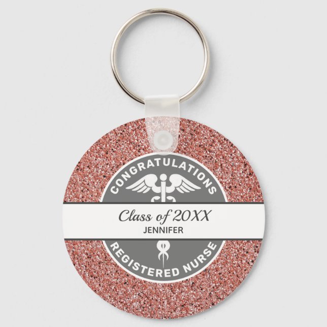 Nurse RN Graduate Year Pink Glitter Personalized Keychain (Front)