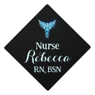 Nurse RN Graduation Black and Blue with caduceus Graduation Cap Topper