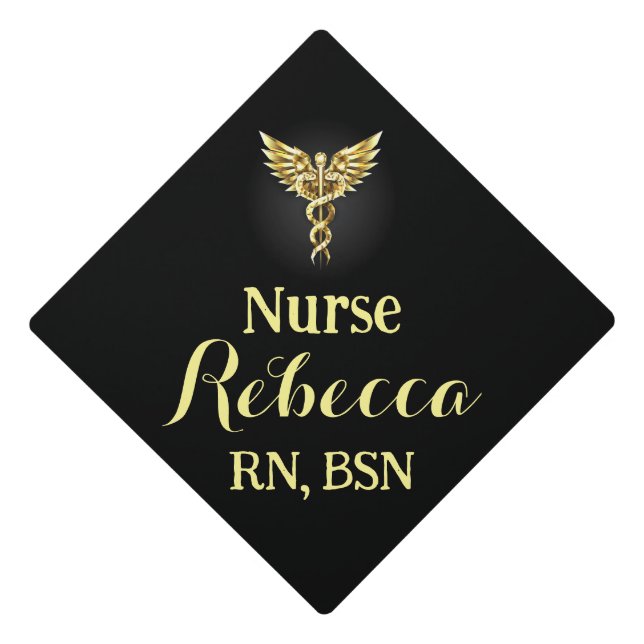 Nurse RN Graduation Black and Gold with caduceus Cap Topper (Front)
