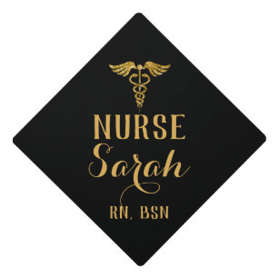 Nurse RN Graduation Black and Gold with caduceus Graduation Cap Topper