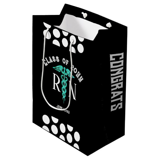 Nurse RN Graduation Black White Personalized Medium Gift Bag (Front Angled)