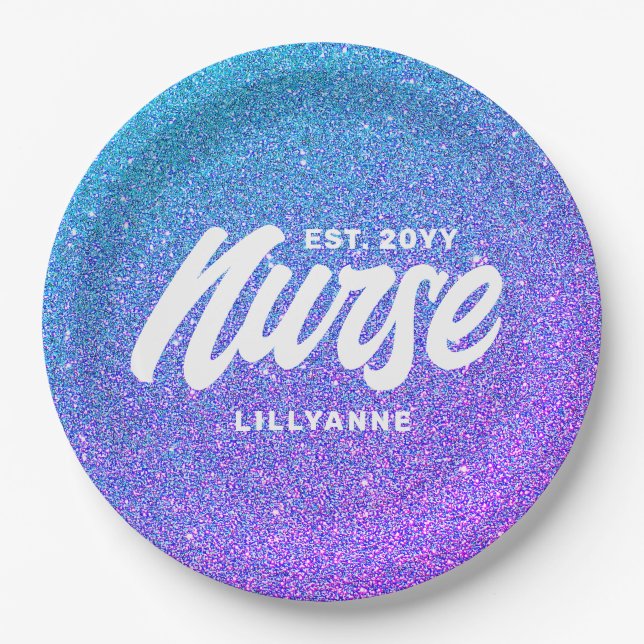 Nurse RN Graduation Blue Purple Glitter Monogram Paper Plates (Front)