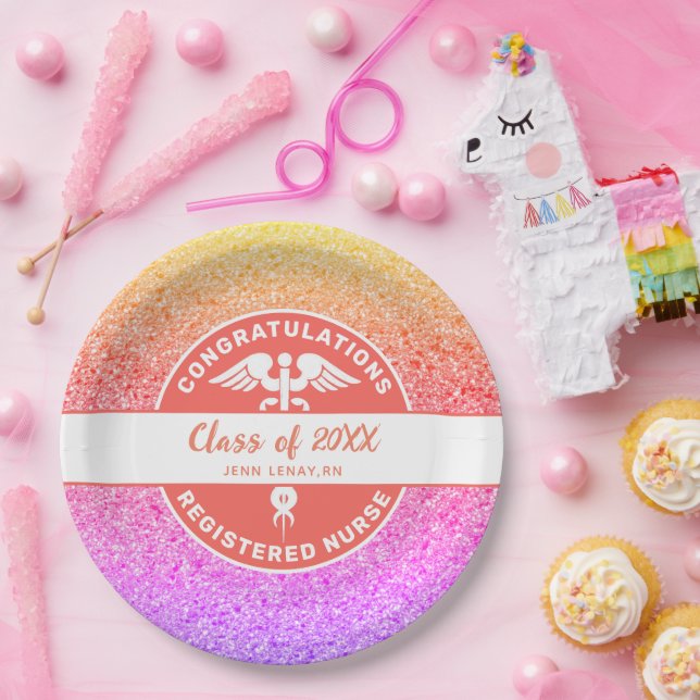 Nurse RN Graduation Party Rainbow Glitter Monogram Paper Plates (Party)