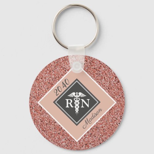 Nurse RN Graduation Rose Gold Glitter Personalized Keychain