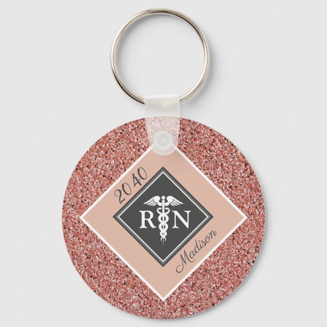 Nurse RN Graduation Rose Gold Glitter Personalized Keychain (Front)