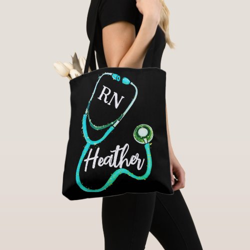 Nurse RN Green Teal Stethoscope Black Minimalist  Tote Bag