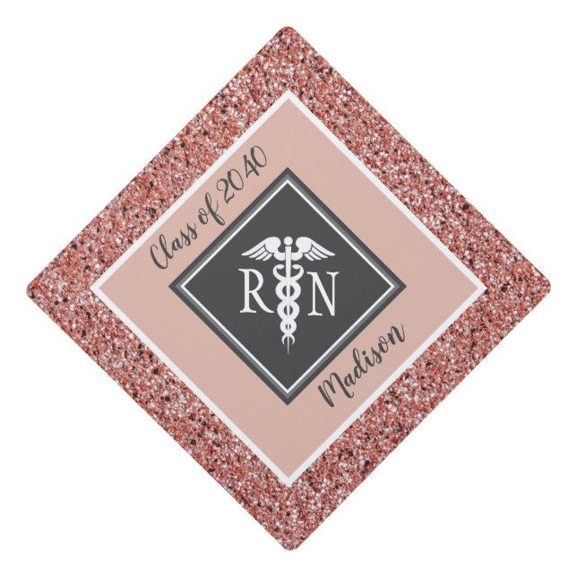 Nurse RN Healthcare Rose Gold Glitter Personalized Graduation Cap Topper (Front)