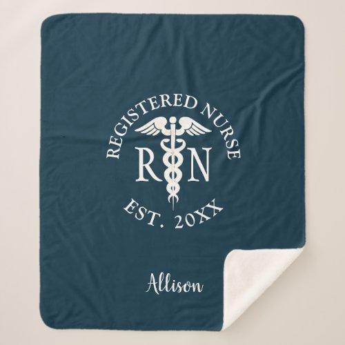 Nurse RN Medical Caduceus Blue Graduation Monogram Sherpa Blanket