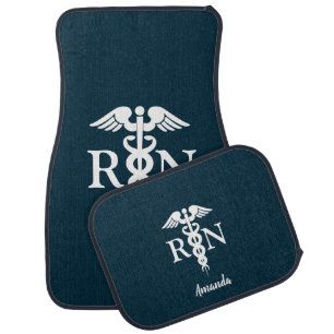 Nurse RN Medical Caduceus Navy Blue Personalized Car Floor Mat