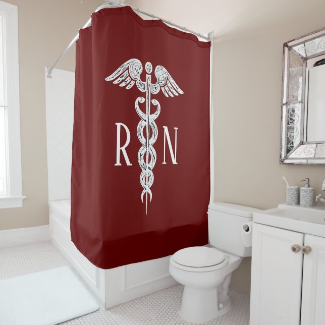 Nurse RN Medical Caduceus Rustic Burgundy White Shower Curtain (In Situ)