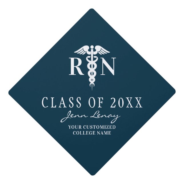 Nurse RN Navy Blue Class of Medical Caduceus Graduation Cap Topper (Front)