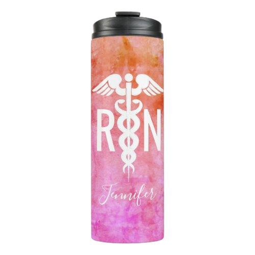 Nurse RN Pink Orange Watercolor Medical Monogram  Thermal Tumbler