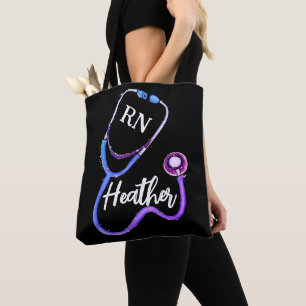 Nurse RN Purple Pink Stethoscope Black Minimalist Tote Bag