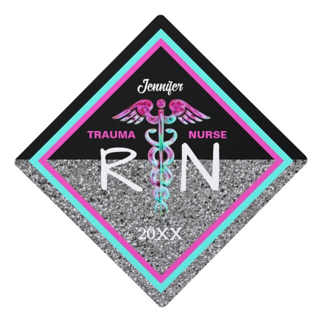 Nurse RN Retro Caduceus Black Pink Silver Glitter Graduation Cap Topper (Front)