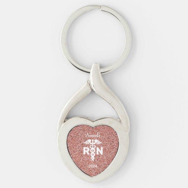 Nurse RN Rose Gold Glitter Personalized Year Keychain (Front)