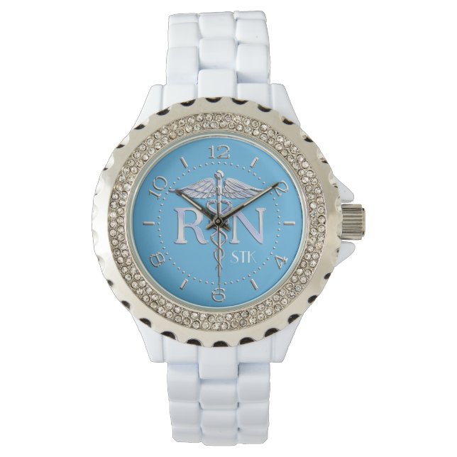 Nurse RN Silver Like Caduceus Monogram Baby Blue Watch (Front)