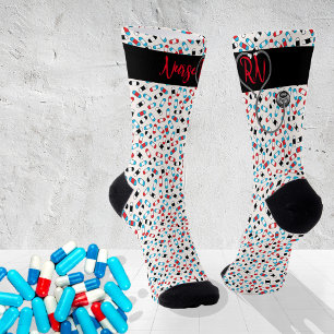 Nurse RN Stethoscope   Aqua and Red Pills Socks