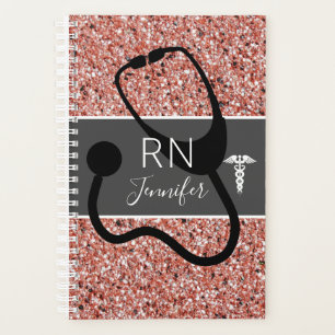 Nurse RN Stethoscope Pink Rose Gold Glitter Name Planner