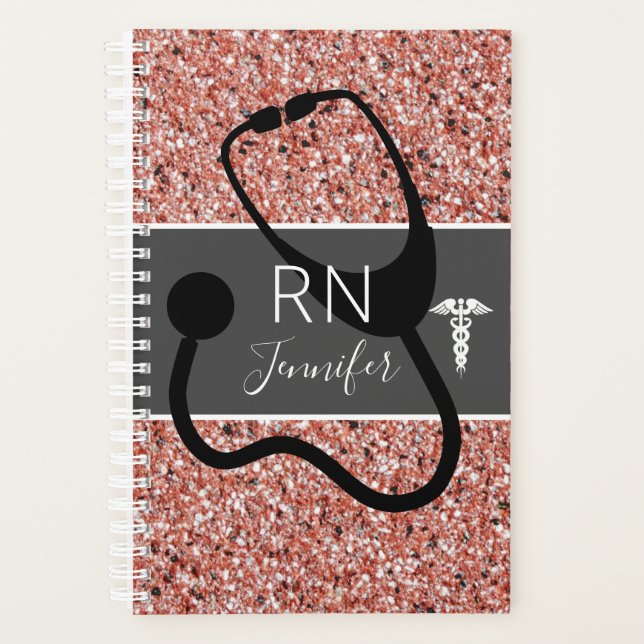 Nurse RN Stethoscope Pink Rose Gold Glitter Name Planner (Front)