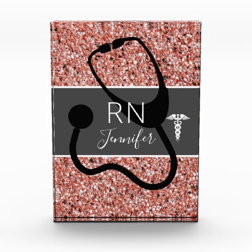 Nurse RN Stethoscope Rose Gold Pink Glitter Name  Acrylic Award