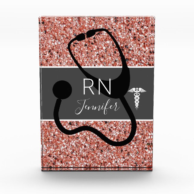 Nurse RN Stethoscope Rose Gold Pink Glitter Name  Acrylic Award (Front)