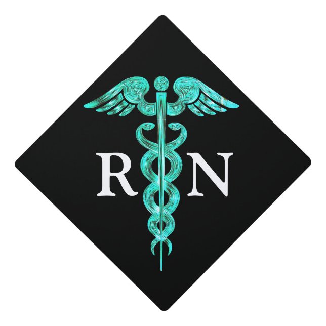 Nurse RN Turquoise Caduceus Medical Symbol Graduation Cap Topper (Front)