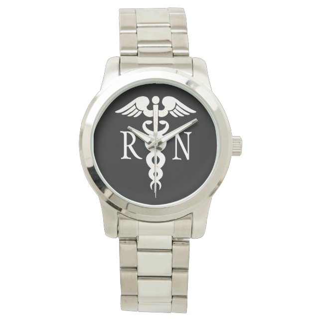 Nurse RN White Caduceus Women's Silver Watch (Front)