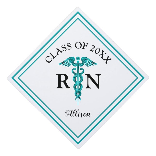 Nurse RN White Teal Medical Caduceus Personalized  Graduation Cap Topper (Front)
