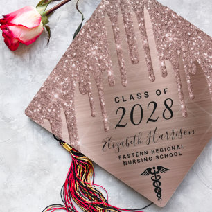 Nurse Rose Gold Glitter Personalized Graduation Cap Topper