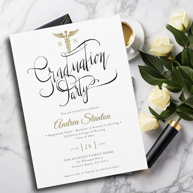 Nurse School Graduation Caduceum Brush Calligraphy Invitation (nurse graduation party invitation gold caduceum brush calligraphy elegant classic modern black white)